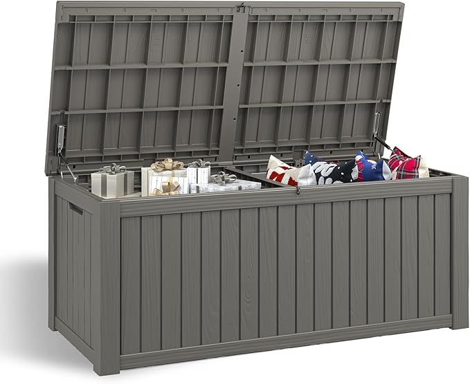 NUNU LAB 150 Gallon Outdoor Storage Box,Resin Large Sturdy Deck Box, Backyard Outside Storage Box Waterproof with Double Wall Panels,Package Delivery,Garden Outdoor Hose Bin