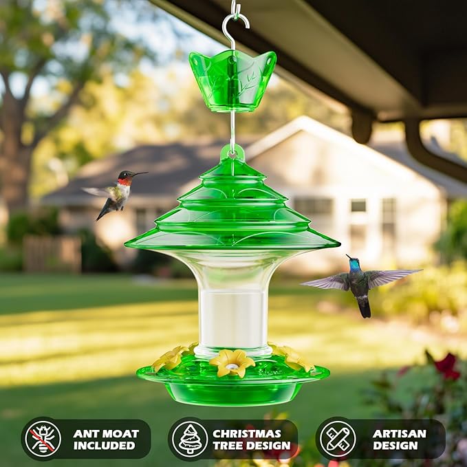 Birdream Hummingbird Feeder for Outdoors Hanging, 20oz Hummingbird Feeders with 5 Bee Guard Feeding Ports & Built-in Ant Moat Brush Leak-Proof for Outside Gifts for Women - Green
