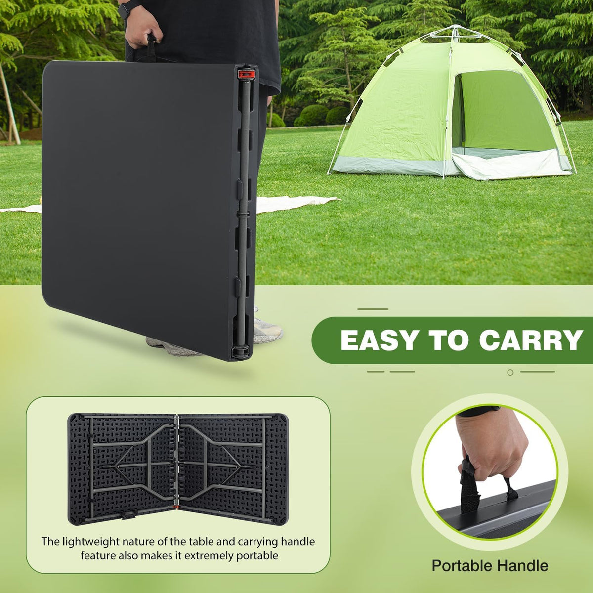 6FT Folding Table, Heavy Duty Plastic Table Portable Fold-in-Half Utility Table Indoor Outdoor Picnic Table w/Handle & Lock for Camping BBQ Party Wedding Market Events, Black