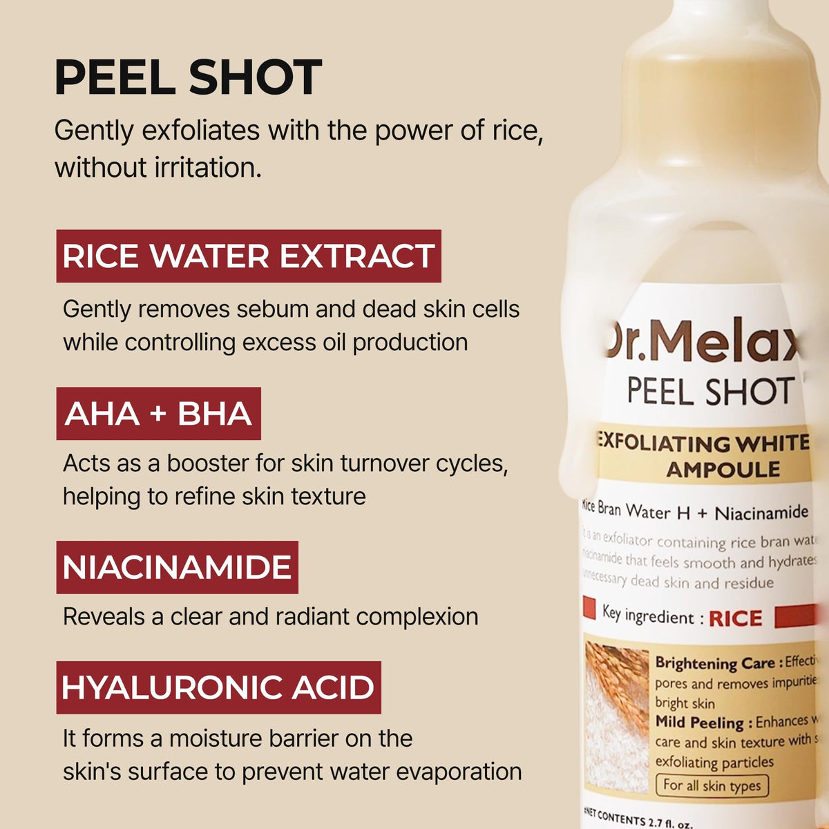 Dr.Melaxin Peel Shot Glow White Rice Peeling Ampoule with Rice Extract & AHA BHA, Brightening & Gentle Exfoliating Serum for Sebum Control, Niacinamide & Hyaluronic Acid, Korean Skincare, 2.71 fl.oz