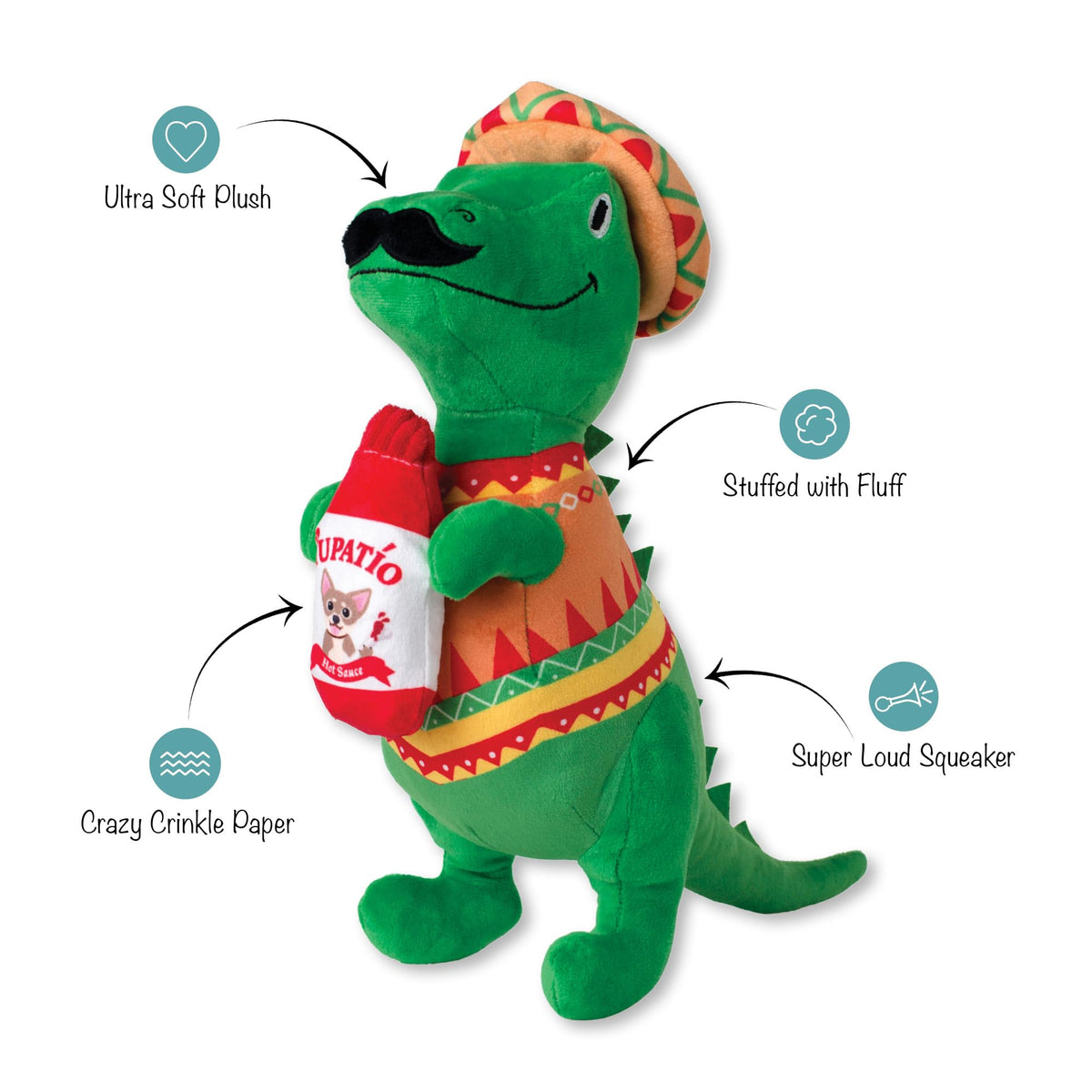 Fringe Studio Fiesta Saurus Plush Dog Toy, Pet Shop Collection (314338)