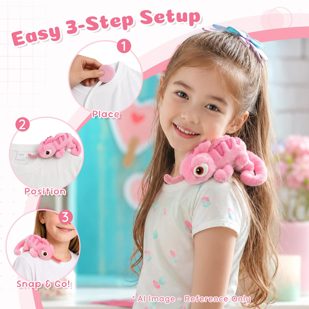 Magnetic Pink Chameleon Shoulder Plush, 8 Inch Lizard Stuffed Animal