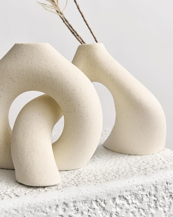 NOBULA White Ceramic Donut Vases – Modern Home Decor for Living Room, Bedroom & Table Centerpiece - Minimalist Nordic – Unique Vases for Olive Plant & Flowers – Decorative Coffee Table Vase Set of 2