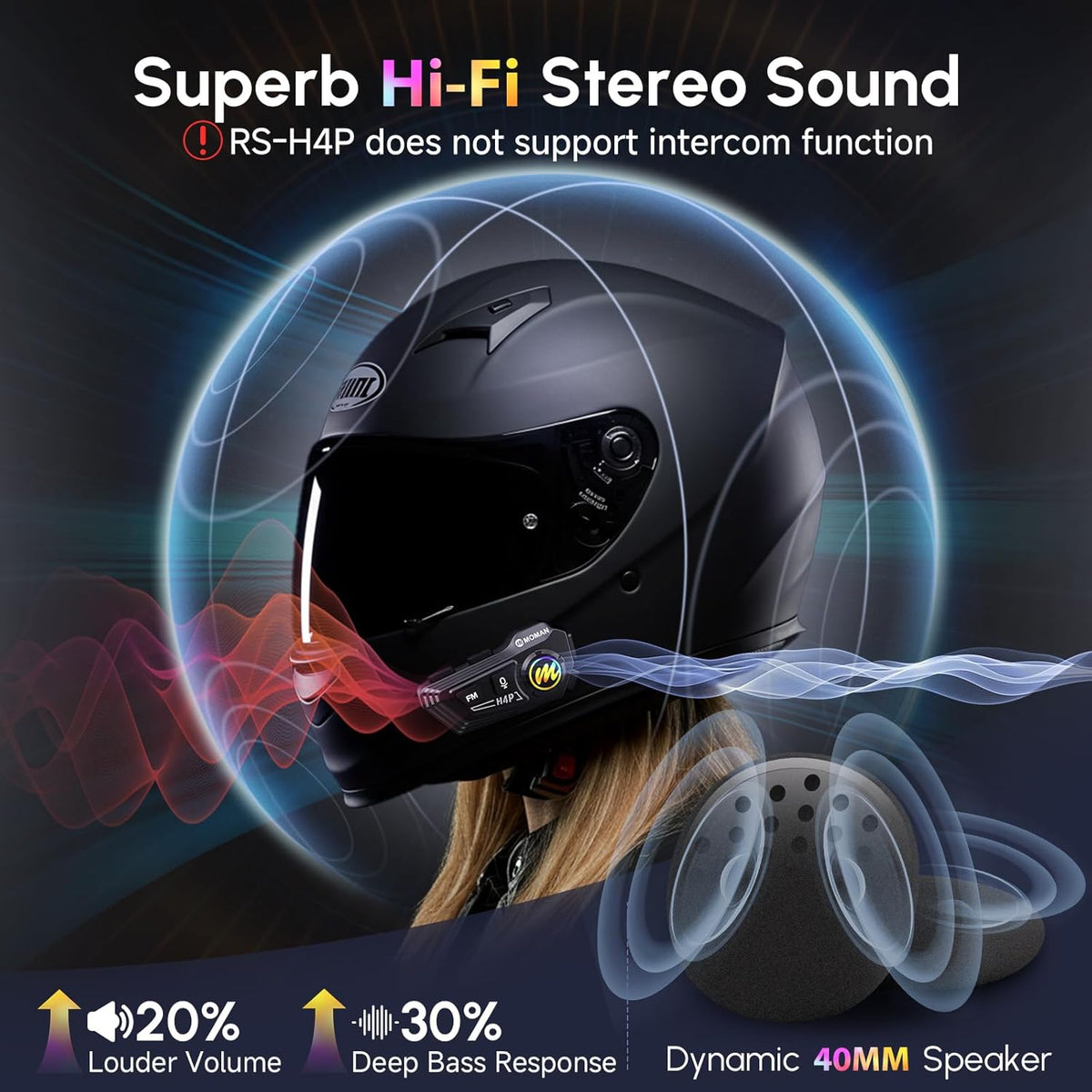 Motorcycle Helmet Headset, Moman RS-H4P Motorbike Headphone with Hi-Fi Speakers Dual Noise Reduction【New Upgrade】in RGB/FM/Glove-Friendly Button/Soft & Hard Mic/AI Voice/IPX6 Earphone for Solo Riding