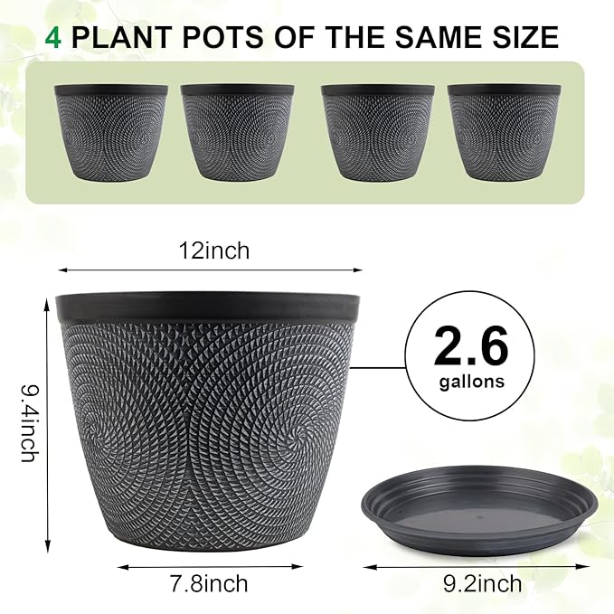 Quarut Large 12 Inch Plant Pot for Plants Outdoor Indoor, 4 Pack Plastic Flower Pots with Drainage Hole & Saucer, Modern Decorative Garden Pot with Saucer, Plant Container for House（Gray）