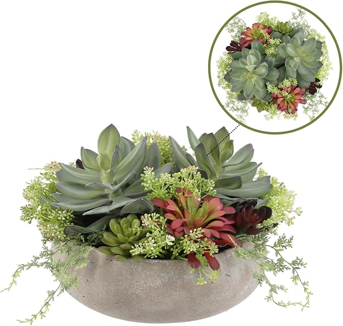 Round Faux Succulent Arrangement, 14" Premium Artificial Indoor Plant Enhances Interior Design, Display on Any Surface in Your Home Adding an Inviting Touch of Nature, Natural Planter Pot Included