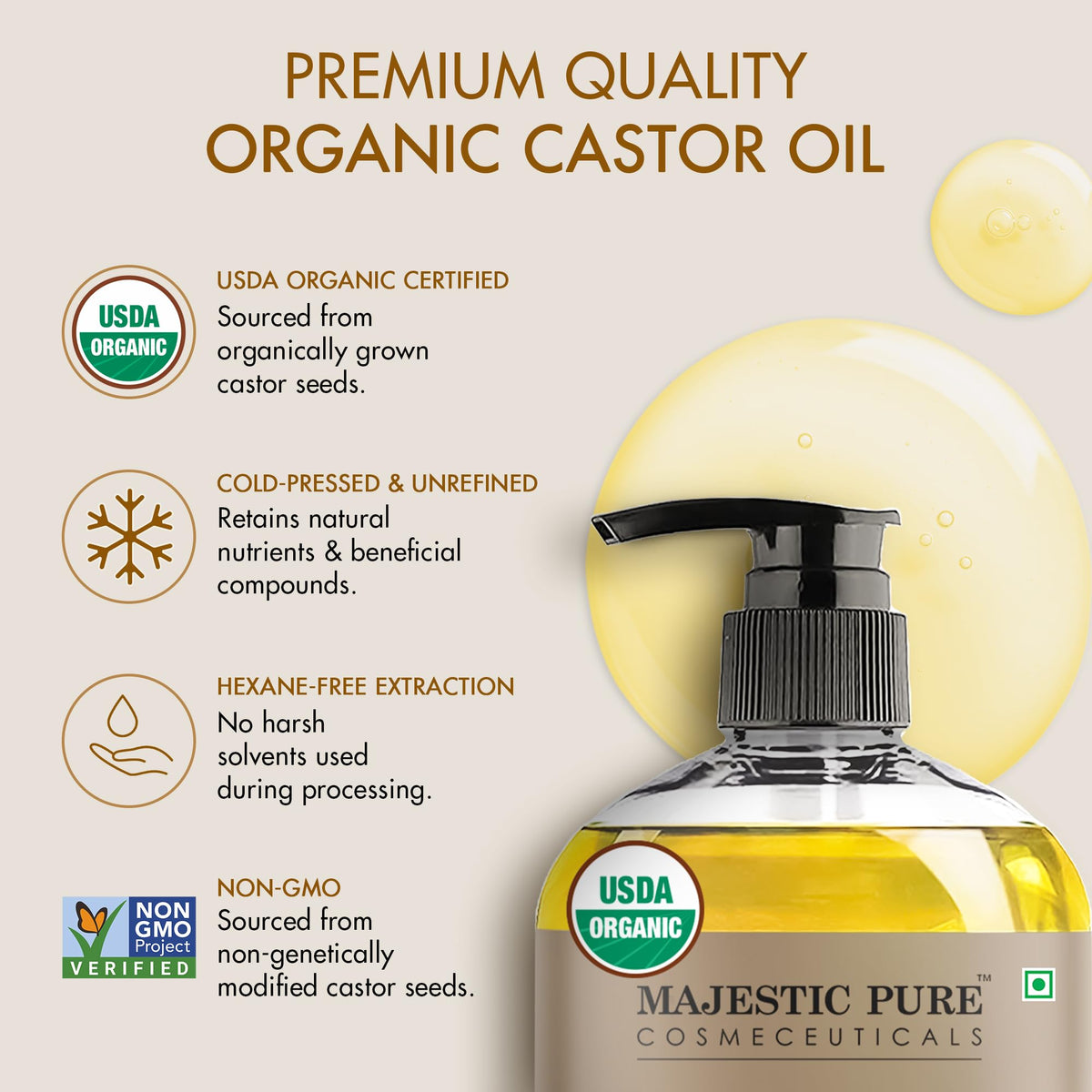 Majestic Pure USDA Organic Castor Oil, 100% Pure & Natural Body Oil -8 FlOz