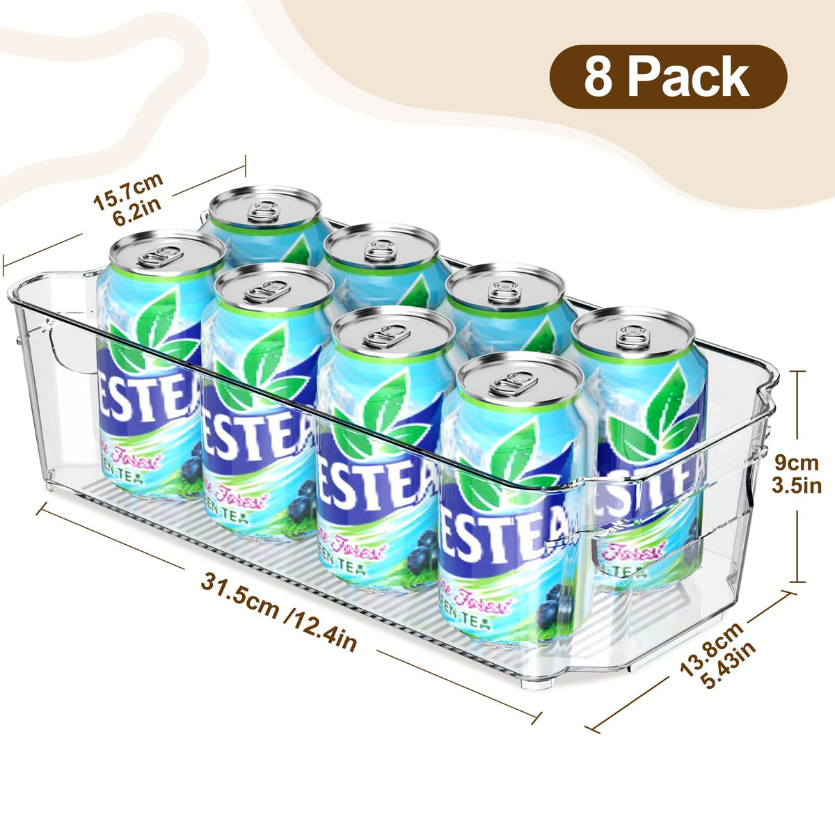 Clear Fridge Organizer, Refrigerator Organizer Bins with Handle, Freezer, Kitchen Cabinet, Pantry Organization, BPA Free Fridge Organizers (12.4 inch 8 Pack)