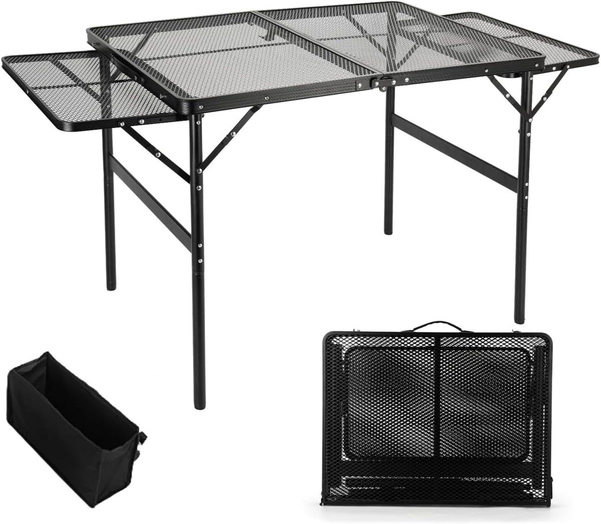 Grill Table Folding Table with 2 Wing Panels 3FT+1.4 FT with with 1×2/5 L Storage Bag Mesh Desktop 2 Height Adjustable Portable Grill for Outdoor Indoor Beach BBQ Picnic Travel RV Black