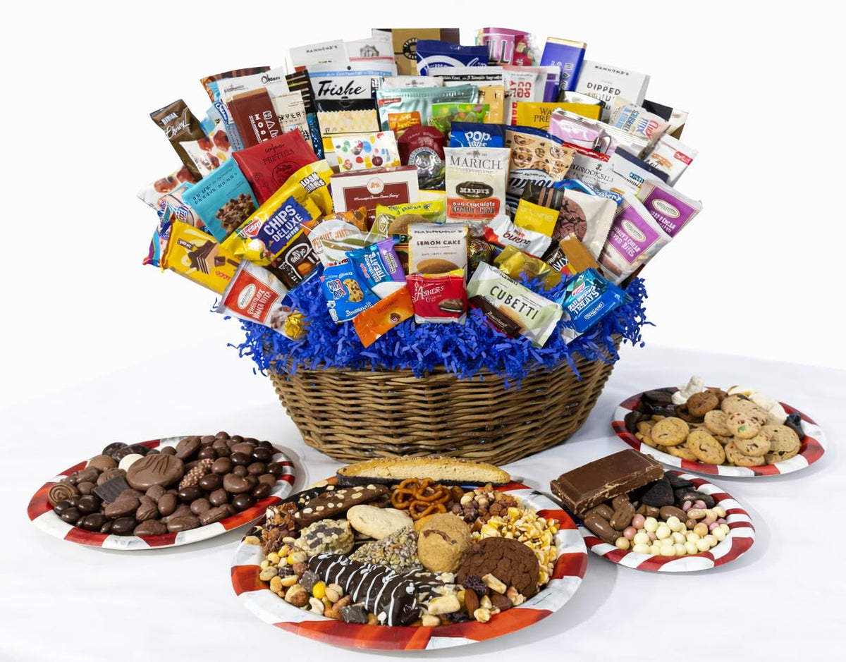 Fourth of July Gift Basket with Chocolate, Candy & Snacks - 18 Inch Wrapped Gift Basket - Independence Day Holiday Treats for Family, Friends