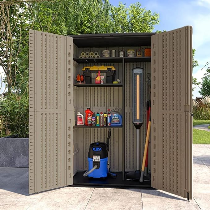 HOMSPARK Storage Shed Weather Resistance, Multi-Purpose Outdoor Storage Cabinet for Backyards and Patios, Horizontal Storage Shed for Lawnmower, Patio Accessories (Coffee, Tall - 53 cu.ft)