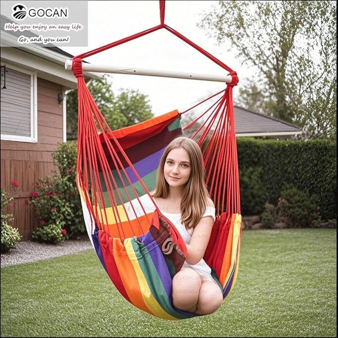 Hammock Chair Large Hammock Swing, 110 x 150cm Load 150kg, Cotton Hammock Chair Metal Spread Bar Wide Seat Swing Chair(red)