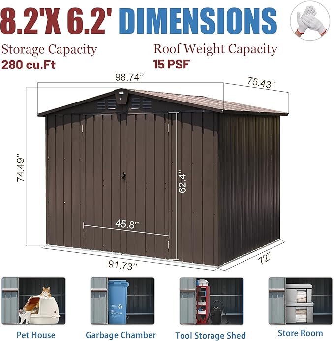 Domi Backyard Storage Shed 8.2’ x 6.2’ with Galvanized Steel Frame,Outdoor Garden Shed Metal Utility Tool Storage Room with Latches and Lockable Door for Balcony Lawn Poolside (Dark Brown)