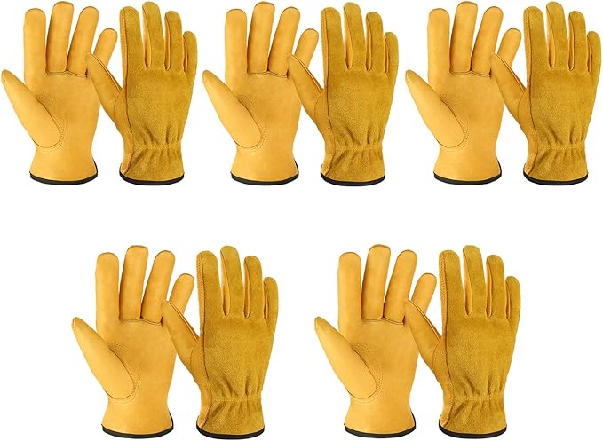 OZERO 5 Pairs Leather Work Gloves Flex Grip Tough Cowhide Gardening Glove for Wood Cutting/Construction/Truck Driving/Garden/Yard Working for Men and Women (Gold,Small)