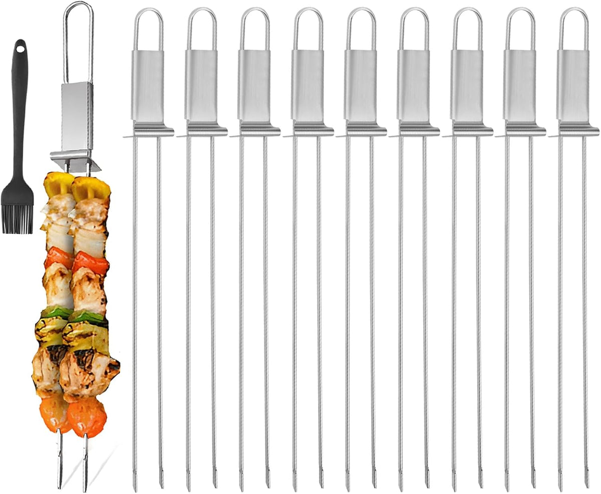BBQ Skewers,Premium 304 Stainless Steel BBQ Skewers,13 Inch Heavy Duty Metal Kabob Sticks for Grilling, Reusable & Dishwasher Safe (Double fork10)