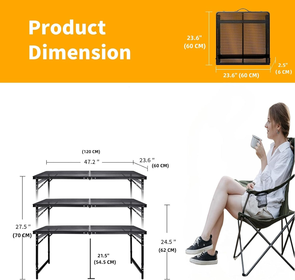 Camping Table 4FT Grill Table Foldable Folding Picnic Portable Stand Mesh 3 Height Adjustable Outdoor Card BBQ RV Black 47.2×23.6 inch