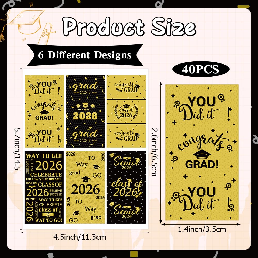 Graduation Party Decoration 2025 Graduation Label Stickers, 240 PCS Congrats Grad Mini Black Gold Candy Wrapper Class of 2025 Chocolate Bar Sticker