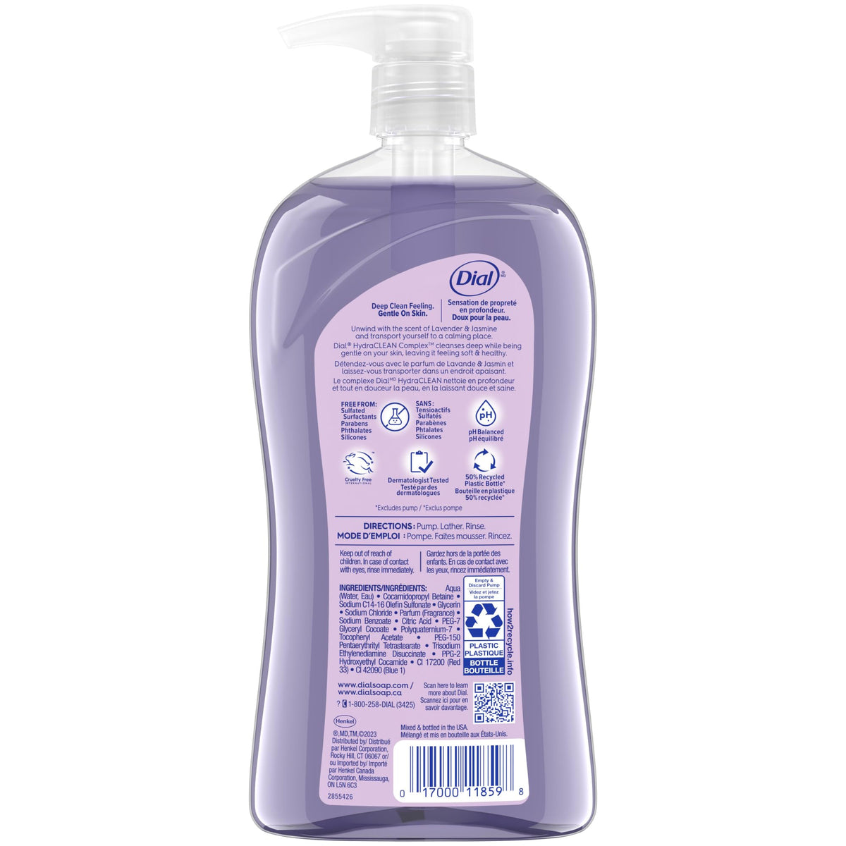 Dial Body Wash, Calm & Soothe Lavender & Jasmine, 32 Fl Oz, Hydraclean Complex & Vitamin E, Gentle, Leaves Skin Feeling Nourished, Dermatologist-Tested, No Parabens & Sulfates