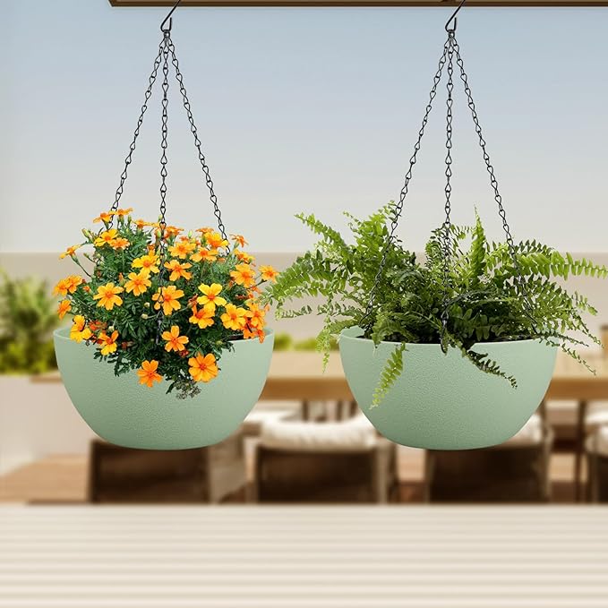 10 inch Hanging Planters Plant Pots for Indoor Outdoor Plants, 2 Pack Hanging Flower Pots with Drainage Holes and Chain for Garden Porch, Plastic Hanging Baskets for House Plants, Green