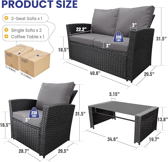 4 Piece Outdoor Patio Furniture Set,Wicker Conversation Sets Outdoor Sectional Patio Sofa Couch with Cushions & Coffee Table for Outside, Garden, Balcony, Porch,Black/Grey