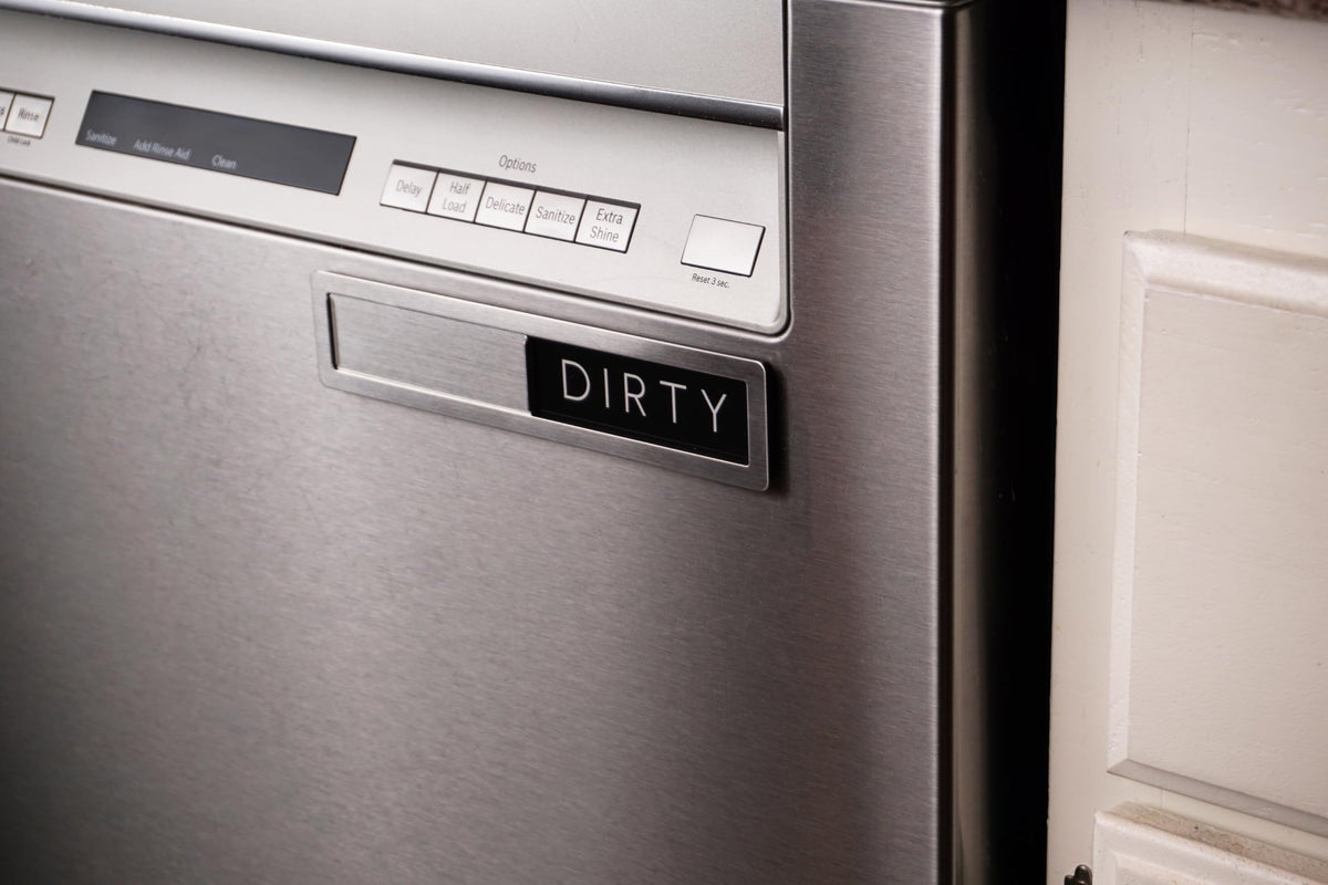 Stainless Steel Dishwasher Magnet Clean Dirty Sign - Premium Magnetic Signs That Say Clean/Dirty - Optional Sticker Adhesive for Non-Metal Surface Dish Washers - Black & White Minimalistic Style
