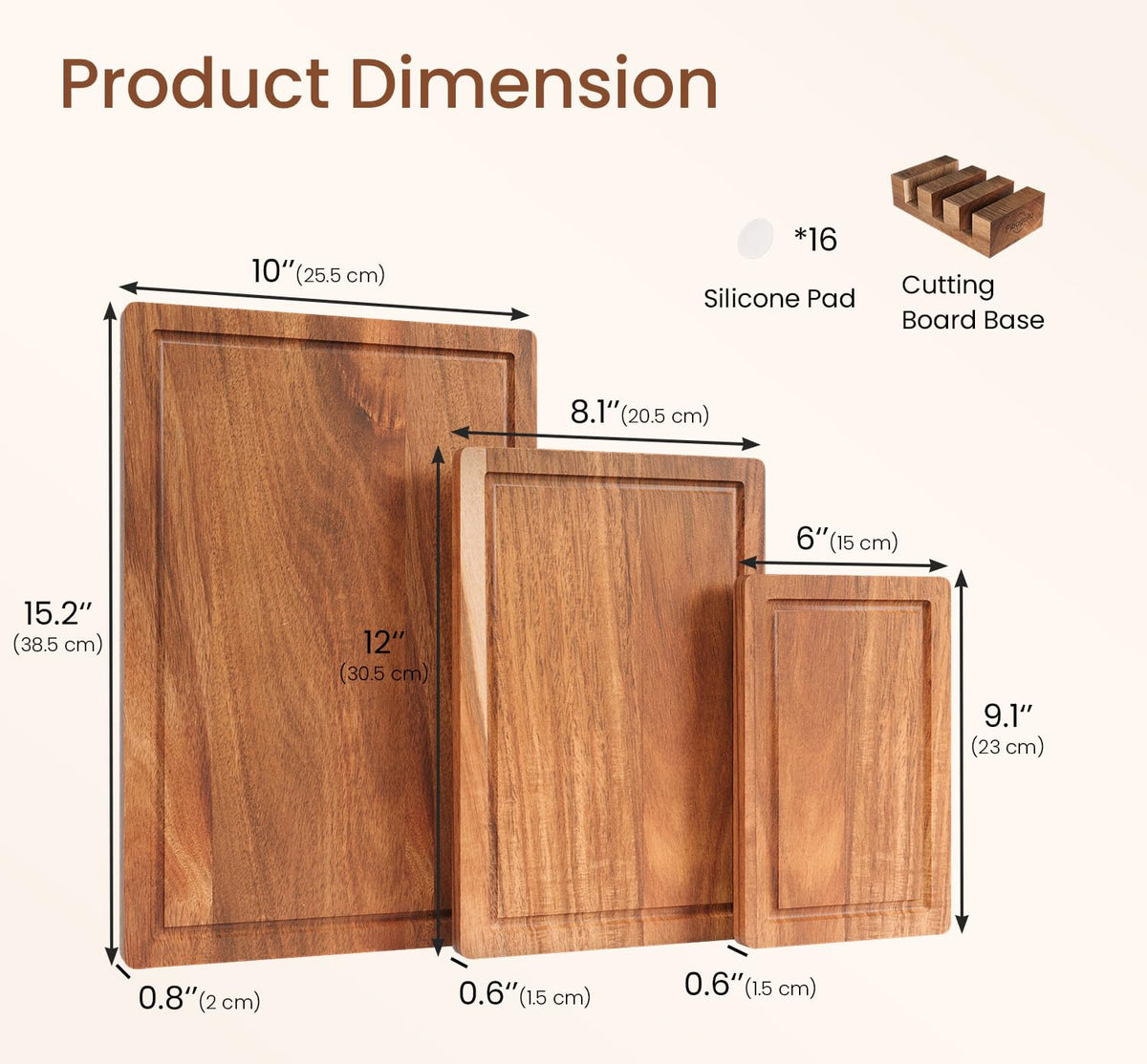 Danfoxer Set of 3 Acacia Wood Cutting Board Set with Stand Holder