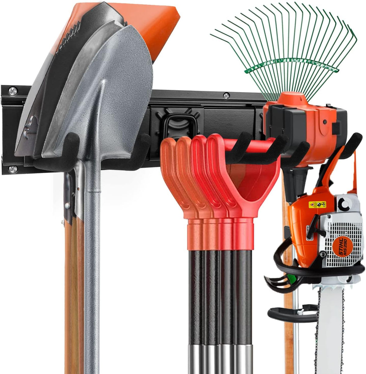 Garden Tool Storage Rack, Outdoor Power Tools Hangers for Garage Wall Organization with 6 assorted Multi-Purpose Hooks, Organizer Holders for Landscaping Equipment, Folding Chairs, Ladders etc.