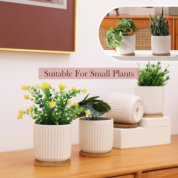 OMAYKEY 4 Inch Ceramic Plant Pot with Saucer, Creative Stripe Small Planters Pots with Drainage Hole and Mesh Pads for Succulent, Cactus, Herbs, White - Set of 4