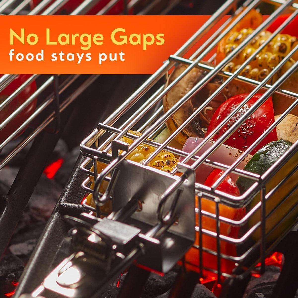 Kabob Grilling Baskets – Set of 3 Stainless Steel BBQ Baskets (12" x 2" x 2") with Removable Handle and Latching Lid – Great for Grilling Vegetables or Meat Over Campfires and Outdoor Grills