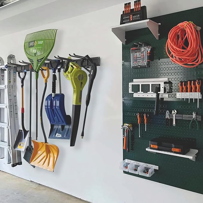 Wall Mount Tool Storage Rack, Heavy Duty Garage Storage Tool Organizer, Garden Tool Wall Hooks and Hangers, Hold Up to 350lbs Black