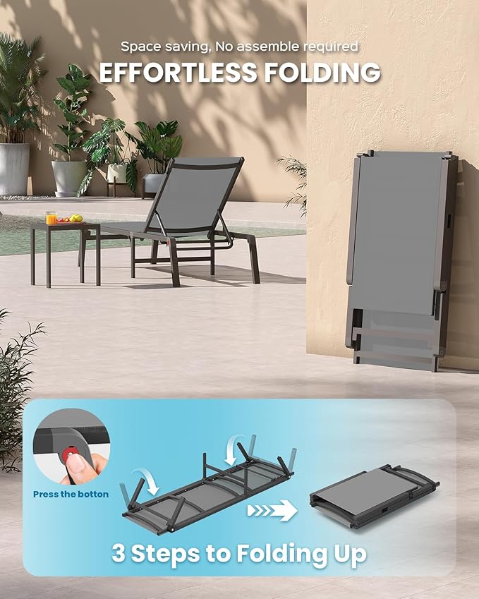 Pool Lounge Chairs Set of 3 (2 Chairs and 1 Side Table), Foldable Aluminum Chaise Lounge Outdoor with 5 Positions Recliner - Free Assembly - Patio Chaise Lounge Chair for Poolside, Yard