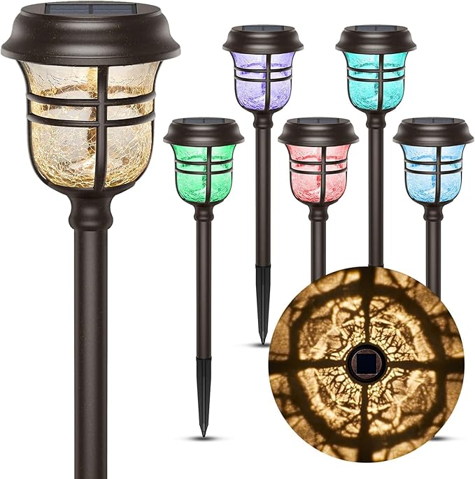 XMCOSY+ Solar Pathway Lights Outdoor 6 Pack, 2 Lighting Modes Warm White & RGB Auto Color Changing LED Solar Powered Garden Lights IP65 Waterproof for Yard Walkway Driveway Landscape Lawn Decorative