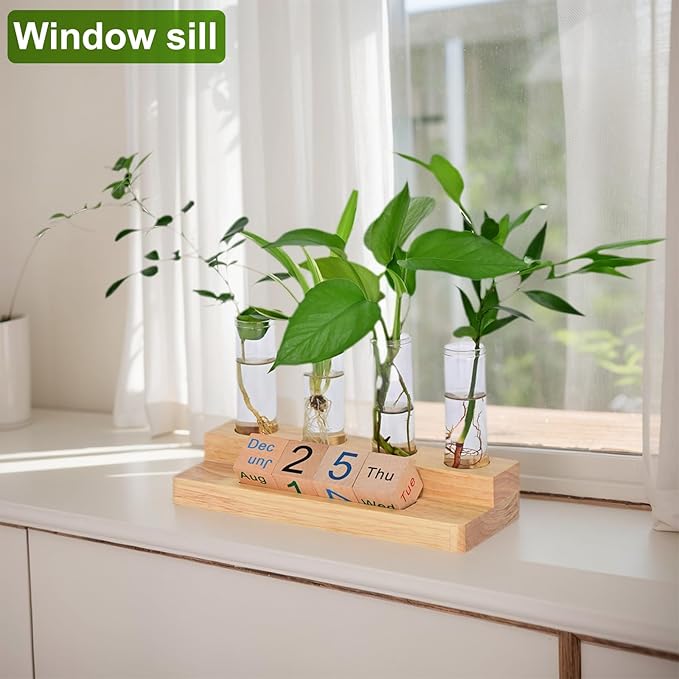 Propagation Vases for Plants, with Block Calendar for Desk, for Home and Desk Decor, Perfect Gardening Gifts for Women, Mom, Teacher, Horticulturist(Light Wood Color)
