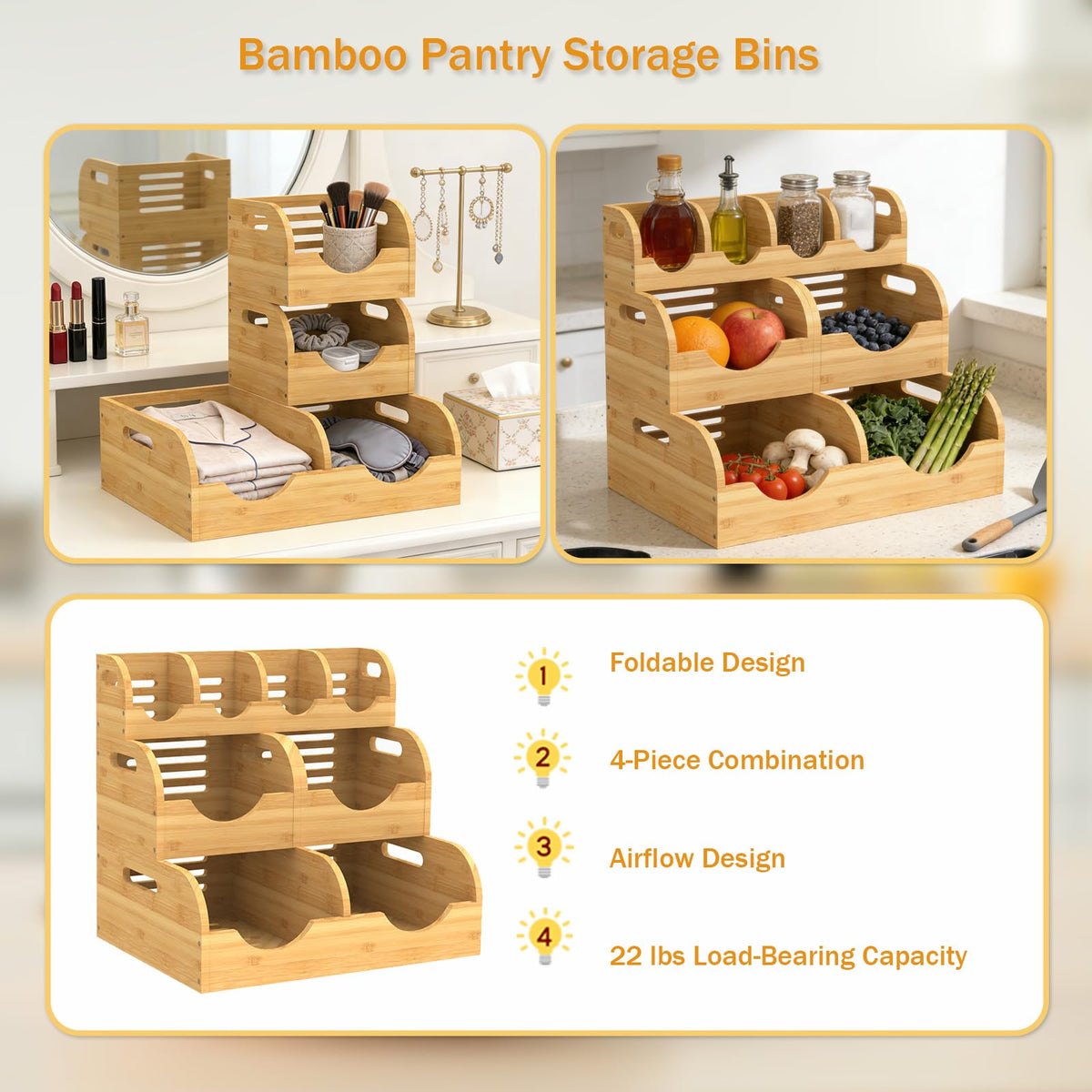 WHEEXIAG Potato and Onion Storage Bin, Made of bamboo, With 2 banana hooks