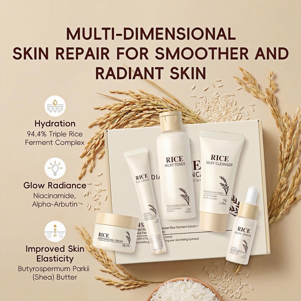 Korean Skin Care Set with Rice, 5-Step Facial Kit for Women