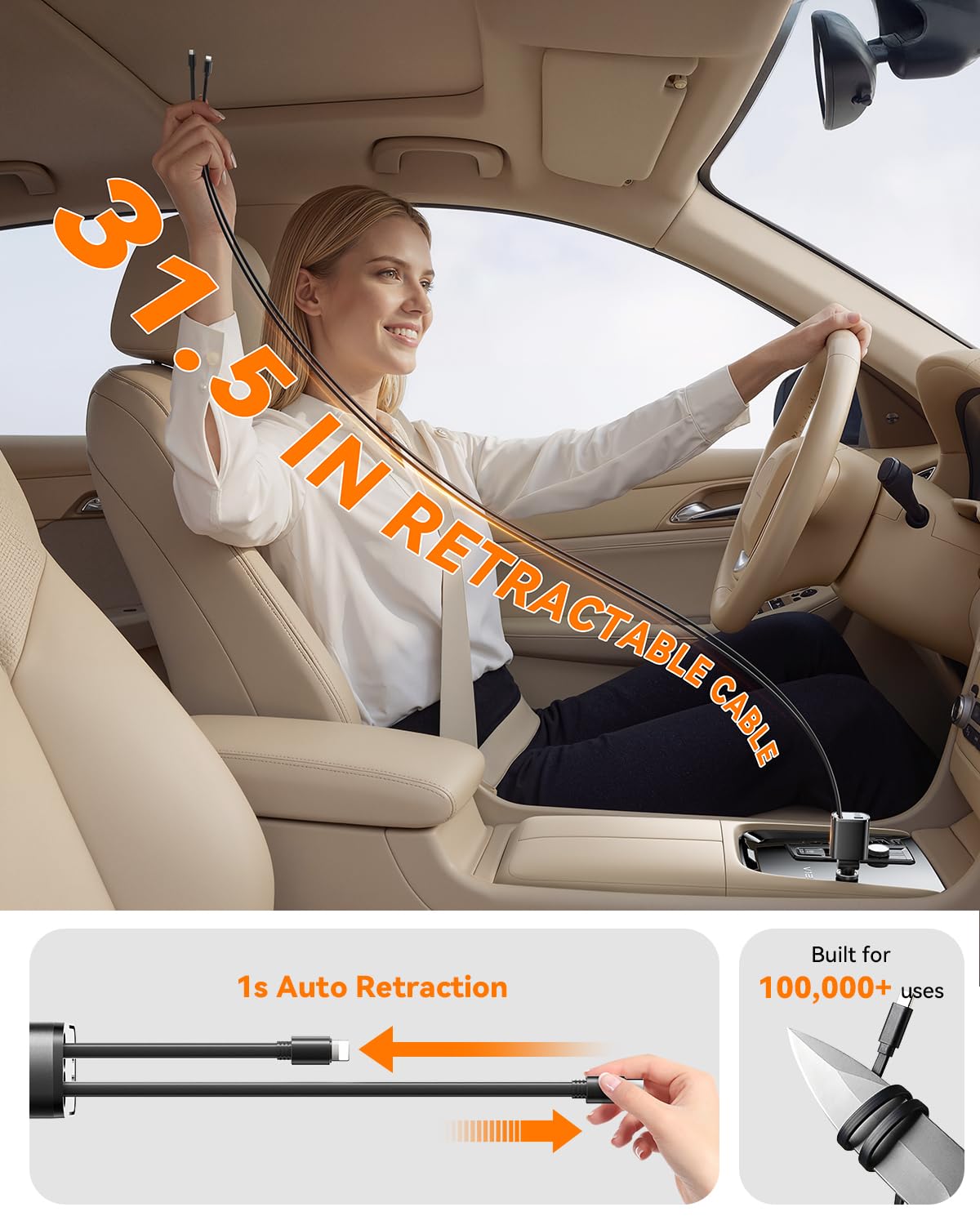 SUPERONE 90W Retractable Car Charger with Dual Cables Car Phone Charger