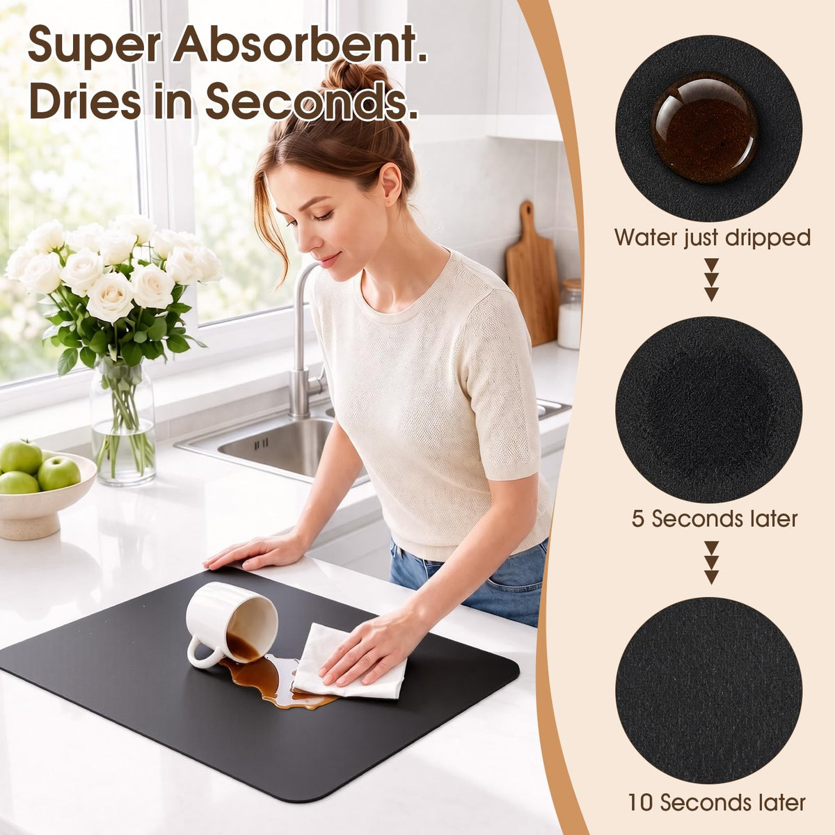 Coffee Mat Super Absorbent Dish Drying Mat Coffee Bar Mat 12"x 19", Black