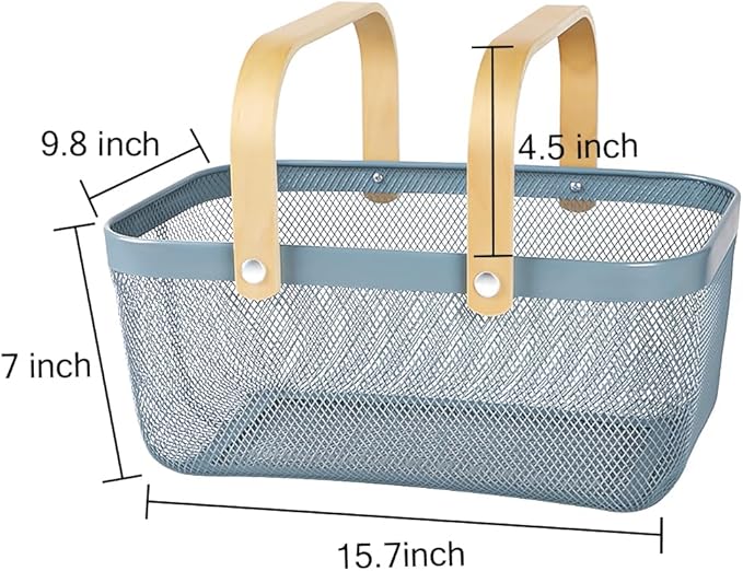 Portable Mesh Harvest Basket - Natural Bamboo Handle Foldable Organizer for Kitchen, Garden & Picnic | Ventilated Storage Bin with Rust-Proof Wire, Space-Saving Farmhouse Decor (Nebula Green)