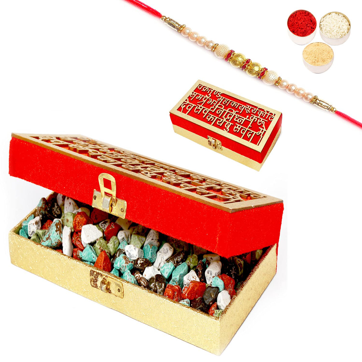 Ghasitaram Gifts Rakhi Gifts for Brothers Rakhi Chocolate Wakrakund Stone/Rock Chocolate Box with Pearl Rakhi