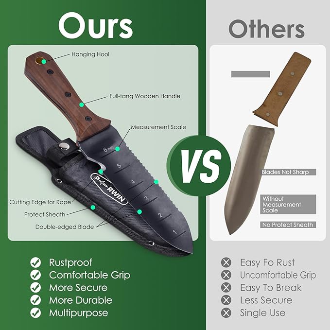 Hori Hori Garden Knife, Garden Tools with Sheath for Weeding,Planting,Digging, 7" Stainless Steel Blade with Cutting Edge, Full-Tang Wood Handle with Hanging Hole