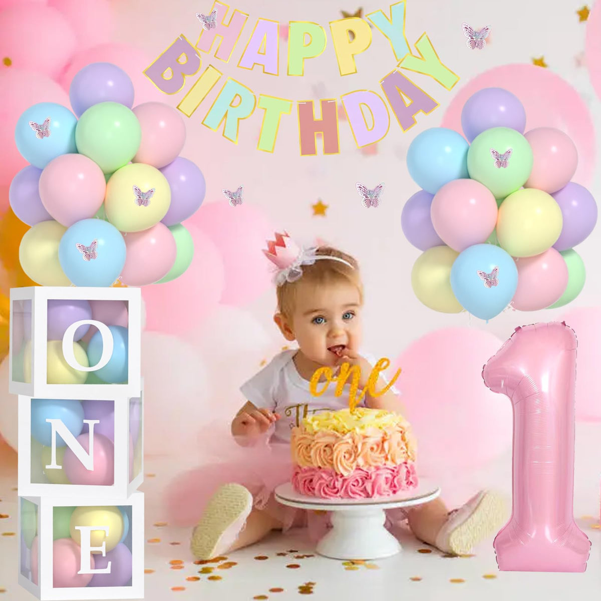 Yumiche First Birthday Decorations For Girl-40 Inch Pink 1 Number,Pastel HAPPY BIRTHDAY Banner, Pastel Balloons And One Balloon Boxes for one year old