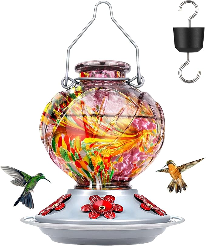 BOLITE Hummingbird Feeder, Hand Blown Glass Hummingbird Feeders for Outdoors Hanging, with Ant Moat and 5 Feeding Ports, 22 Ounces, Peony Flower Shape, Purple, Gifts for Women Men, Gifts for Mom Dad