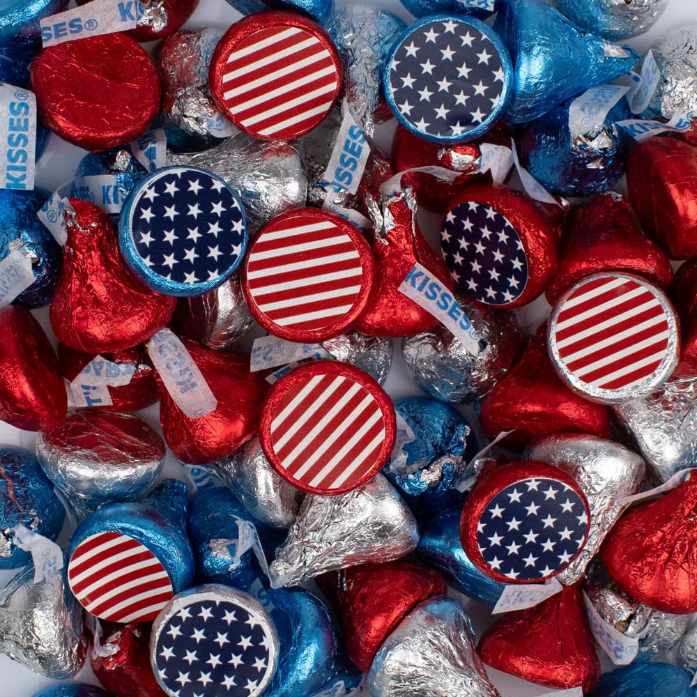 340ct Patriotic Stars & Stripes Stickered Hersheys Milk Chocolate Bulk Kisses For Party Favors And Gifts, Parade Candy, Buffets, Treat Bags & More