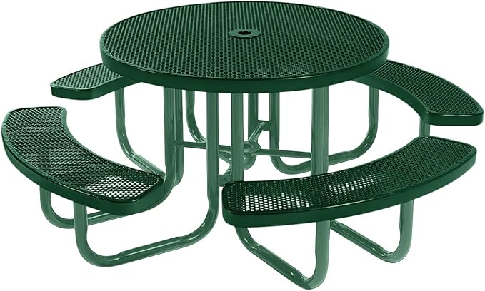 Heavy-Duty Portable Outdoor Picnic Table with Umbrella Hole, Punched Steel Commercial-Grade Patio Furniture Made in America (46" Round Top, Green with Green Frames)