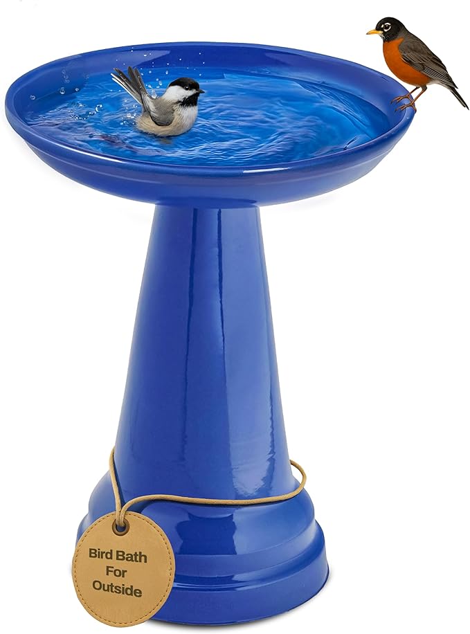 Birds Choice Ohio Stoneware Bird Bath | Pedestal Bird Bath, Stable Locking Top | Weather-Resistant Ceramic Clay, Glazed Finish | Outdoor Garden & Patio Decor | 22" H x 17" D, Summer Blue