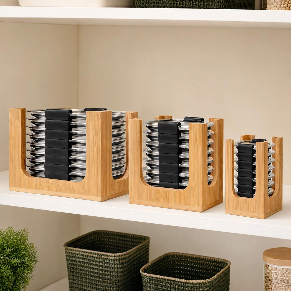 Ojanoot 3 PCS Bamboo Lid Organizer for Rubbermaid Brilliance, Food Storage Container Lid Holder Rack, Kitchen Cabinet Countertop Storage, Fits 0.5, 1.3, 2.85, 3.2, 4.7, 6.6, 7.8, 12 & 16 Cup Lids