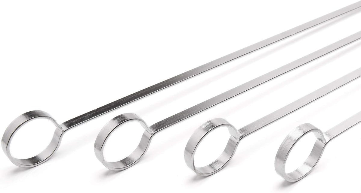 THORIUM BBQ Skewers |Shish Kebab Rotisserie Skewers for Grilling | Sharp Flat S kewers with Ring Handle for Easy Turning | Durable Stainless Steel | 12 Pieces, 35cm Long | Includes Basting Brush