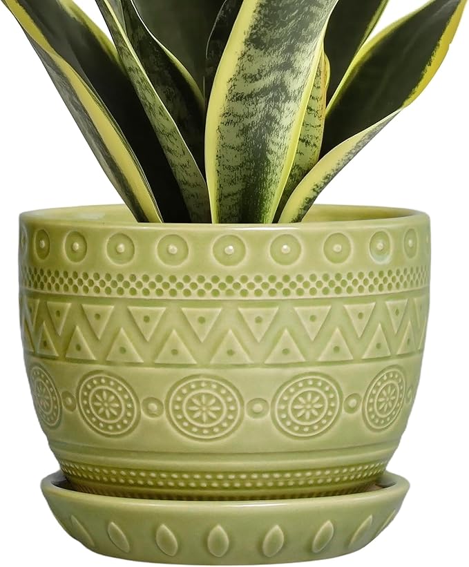 G EPGardening Indoor Plant Pot 5.5 Inch - Ceramic Planter with Drainage Hole and Saucer, Round Boho Plant Pot for Indoor Plants, Plant Lover Gifts, Home Garden Office Decor, Green