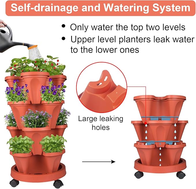 Vertical Planter 4 Tier Stackable Planters Garden Planters Strawberry Herb Flower and Vegetable Planter Indoor Outdoor Gardening Pots with Removable Wheels and Tools