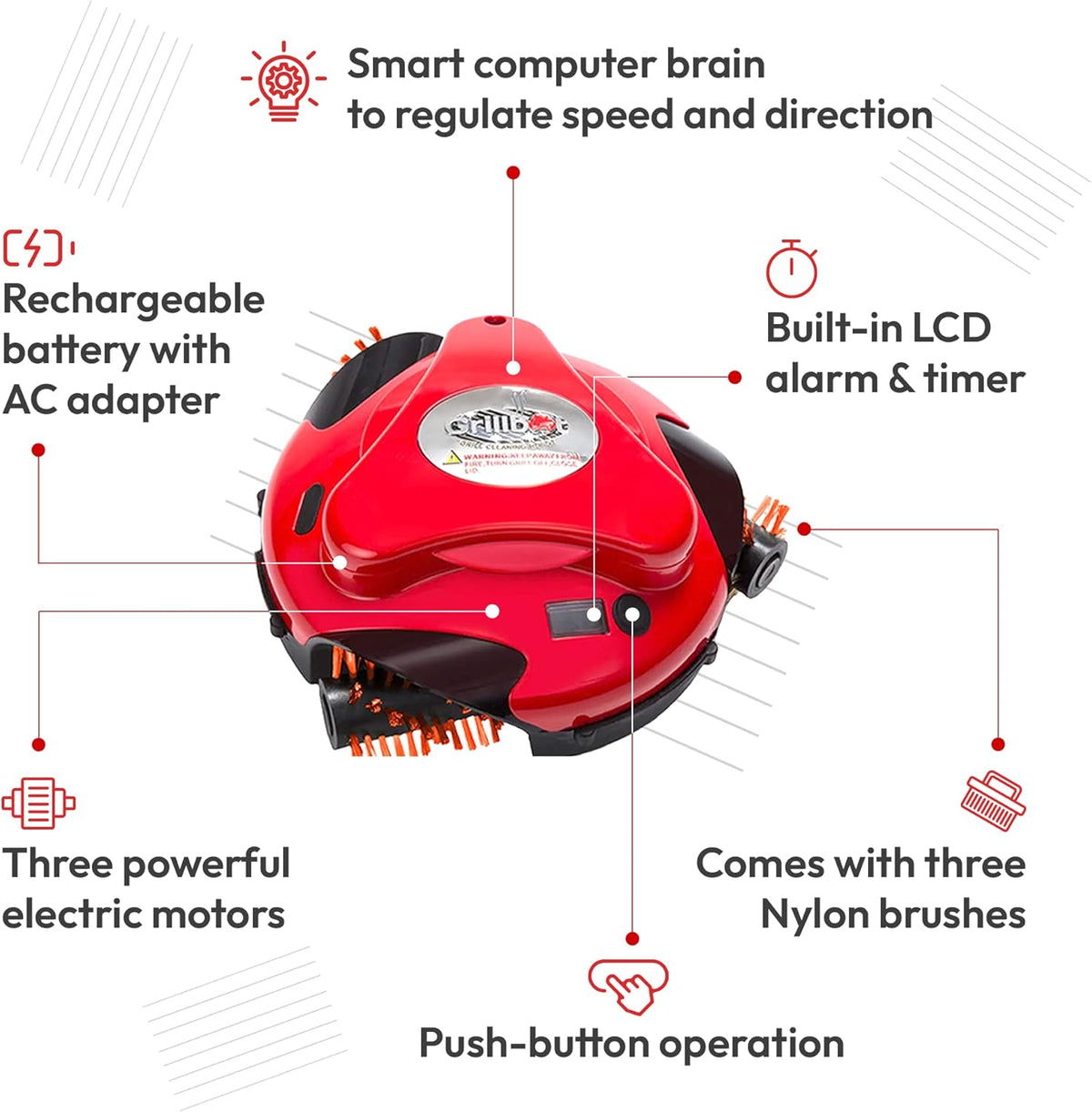 Grillbot Automatic Grill Cleaning Robot with Nylon Brushes, BBQ Grill Cleaner, Grill Brush, Grill Scraper, BBQ Accessories (Red Grillbot)